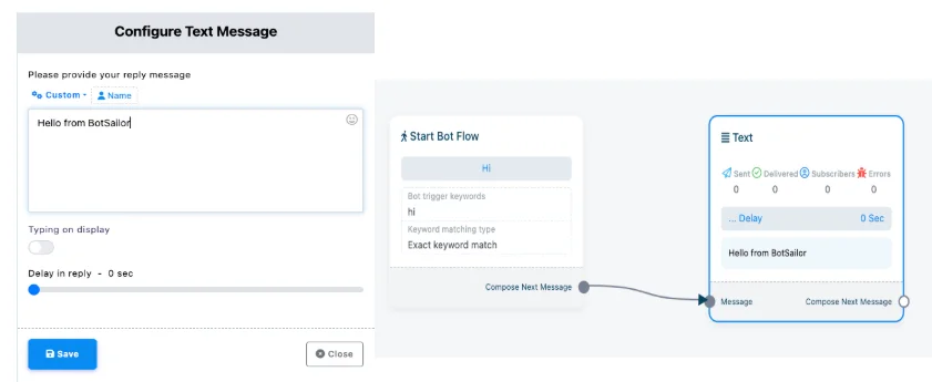A visual bot flow canvas with connected message blocks and a message-type picker