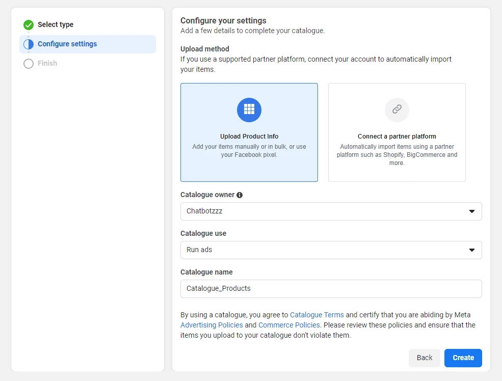 Configuring catalogue settings — owner, use, and name